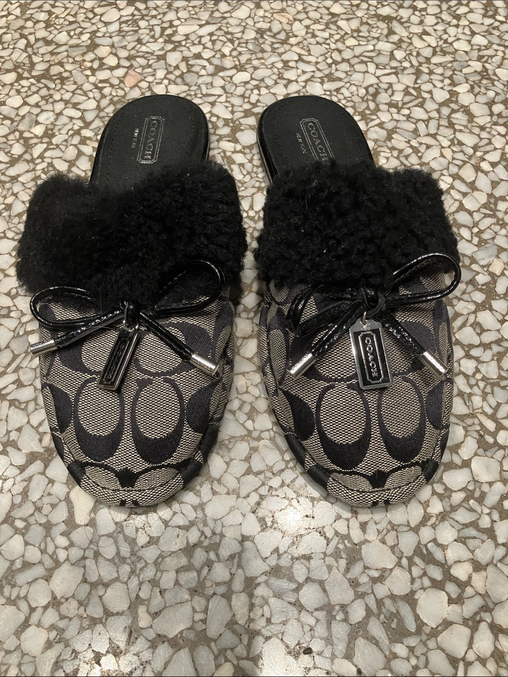 Coach Black Signature Jacquard Shearling-Trim Slide Mules